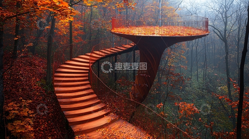 高清大图下载【趣麦麦图】秋日森林螺旋楼梯