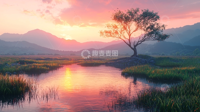高清大图下载【趣麦麦图】日落山川孤树倒影