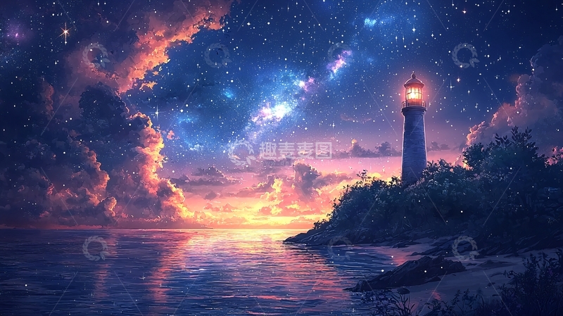 高清大图下载【趣麦麦图】星空下的灯塔
