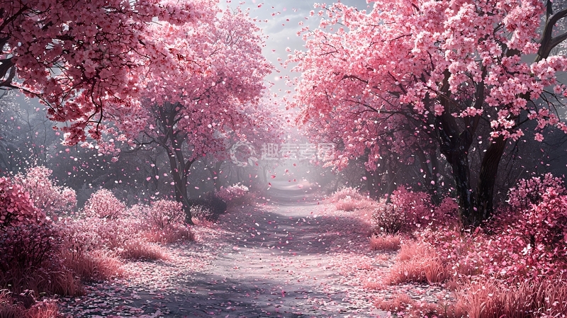 高清大图下载【趣麦麦图】粉红色的樱花树林小路