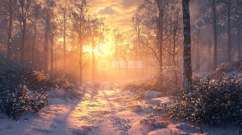 高清大图下载【趣麦麦图】冬季森林日落