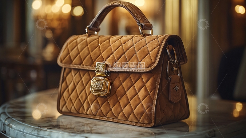 高清大图下载【趣麦麦图】棕色绒面革菱格纹手提包