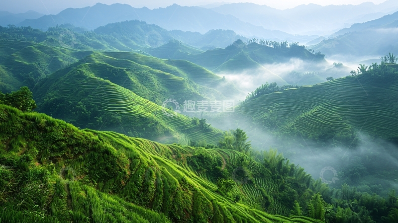 高清大图下载【趣麦麦图】雾气缭绕的山峦梯田