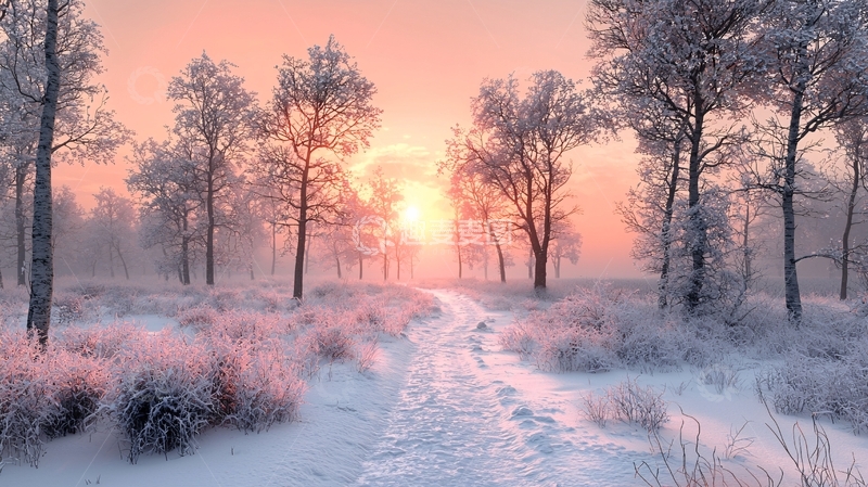 高清大图下载【趣麦麦图】冬日日出雪景小路
