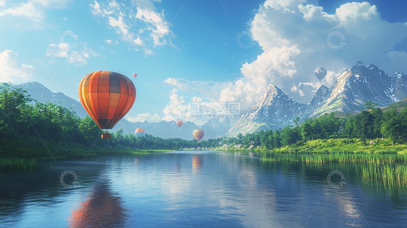 高清大图下载【趣麦麦图】热气球飞跃山川湖泊