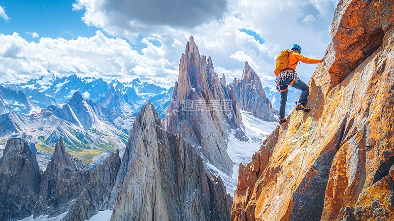 高清大图下载【趣麦麦图】攀登者在险峻山峰上攀岩