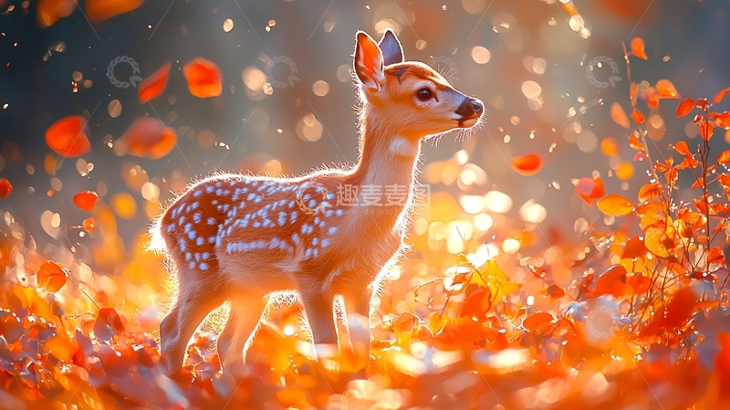 高清大图下载【趣麦麦图】秋日落叶中可爱小鹿
