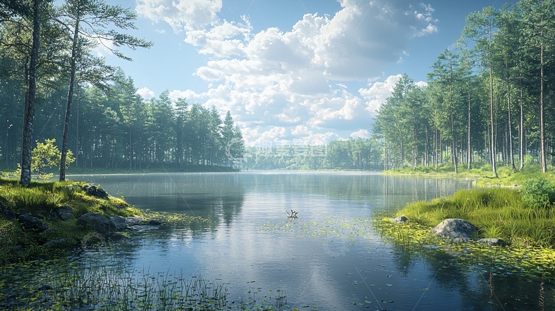 高清大图下载【趣麦麦图】阳光下的森林湖泊