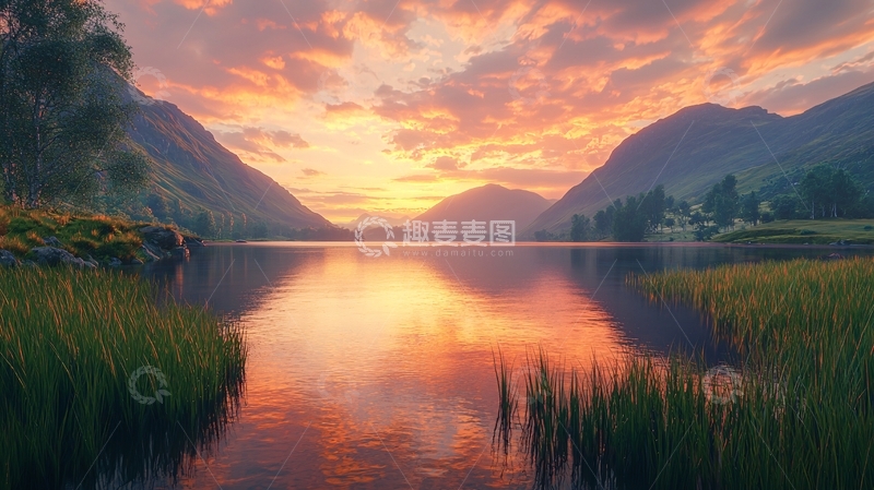 高清大图下载【趣麦麦图】山间湖泊日落美景