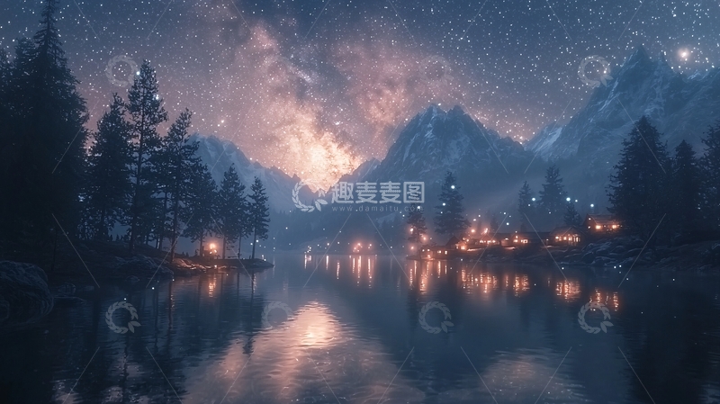 高清大图下载【趣麦麦图】星空下的湖边村庄