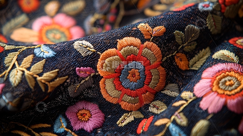 高清大图下载【趣麦麦图】黑色底纹彩色刺绣花朵面料