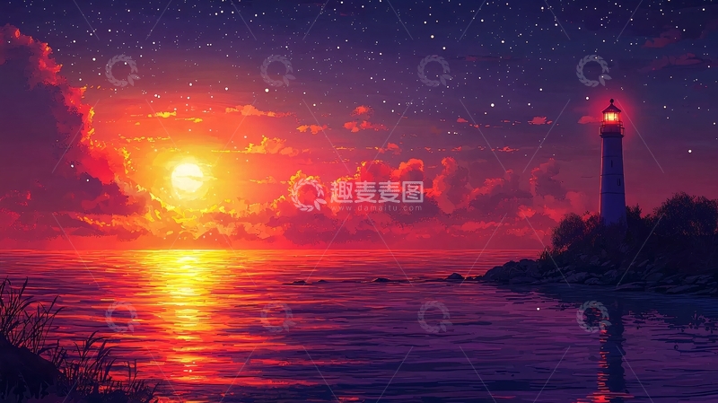高清大图下载【趣麦麦图】星空下的灯塔日落