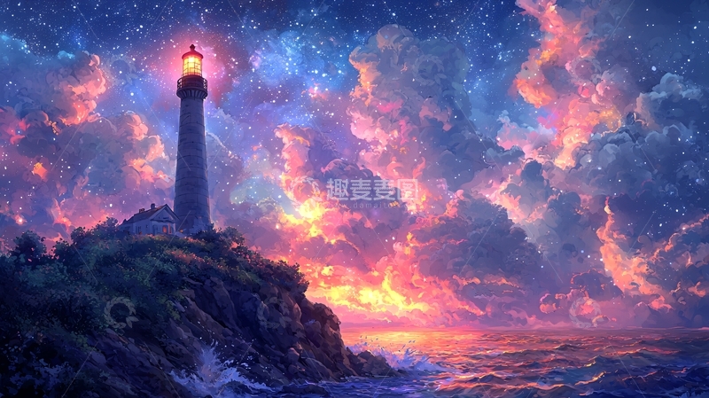 高清大图下载【趣麦麦图】星空下的灯塔