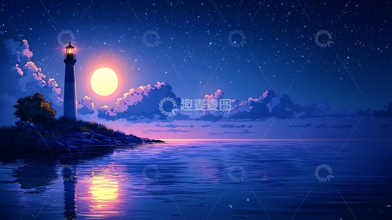 高清大图下载【趣麦麦图】夜晚灯塔月色