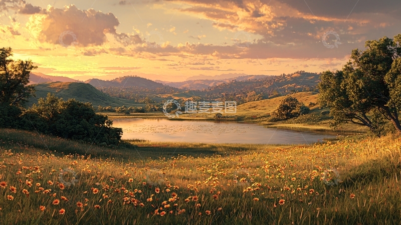 高清大图下载【趣麦麦图】夕阳下的宁静田园风光