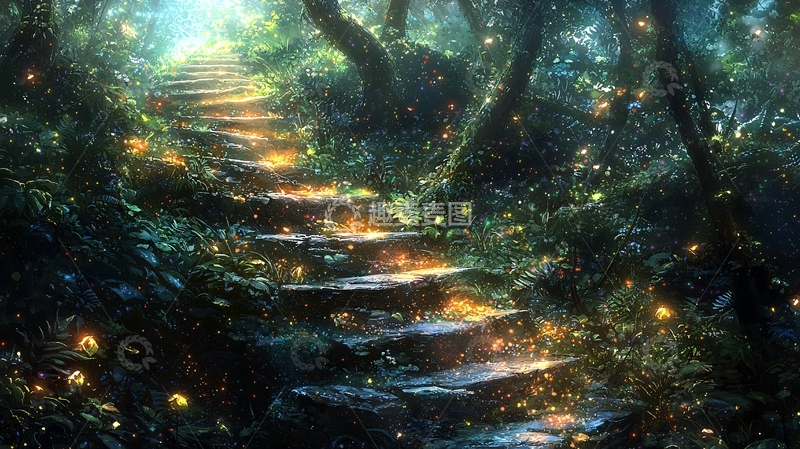 高清大图下载【趣麦麦图】森林小路夜晚萤火虫