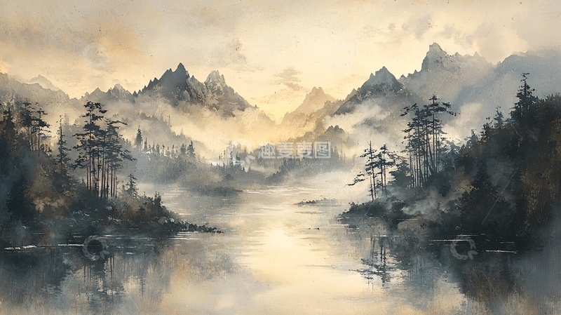 高清大图下载【趣麦麦图】清晨山峦薄雾湖泊