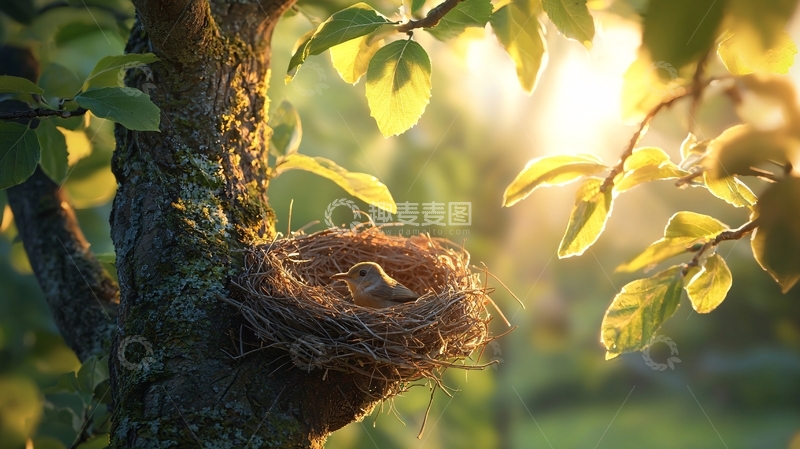 高清大图下载【趣麦麦图】清晨阳光下的鸟巢
