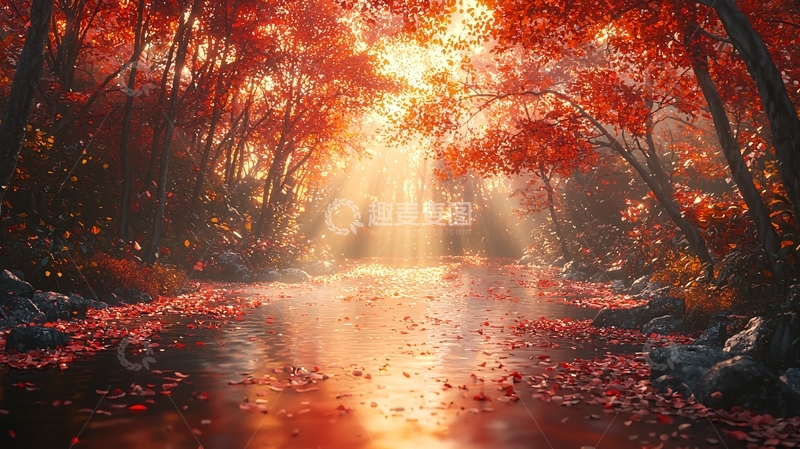 高清大图下载【趣麦麦图】秋日红叶森林溪流