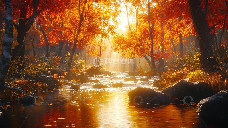 高清大图下载【趣麦麦图】秋日森林溪流阳光
