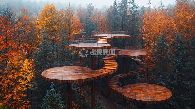 高清大图下载【趣麦麦图】秋日森林木质栈道