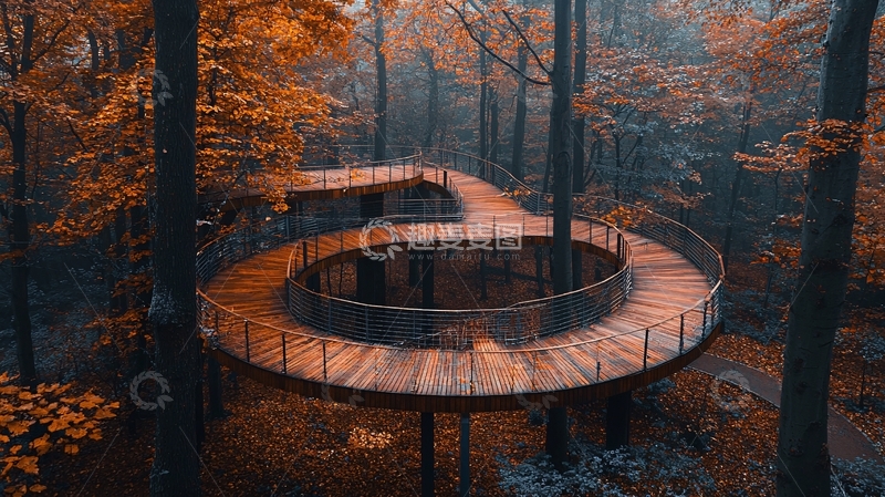 高清大图下载【趣麦麦图】秋日森林环形木栈道