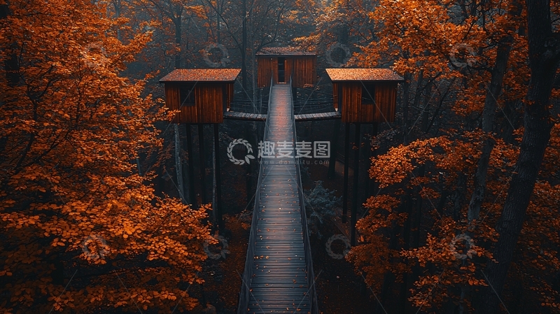 高清大图下载【趣麦麦图】秋日森林木桥