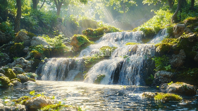 高清大图下载【趣麦麦图】阳光森林瀑布