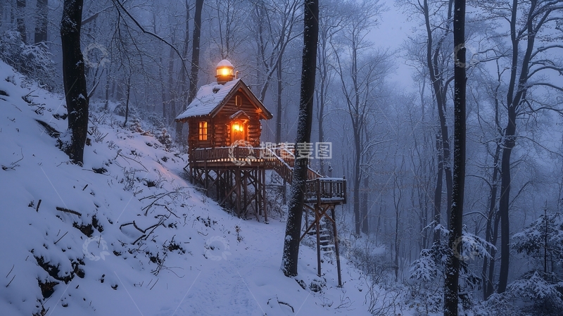 高清大图下载【趣麦麦图】雪夜森林木屋