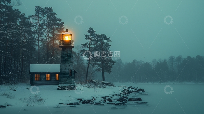 高清大图下载【趣麦麦图】雪夜灯塔