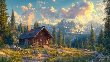 山间小屋阳光明媚景色