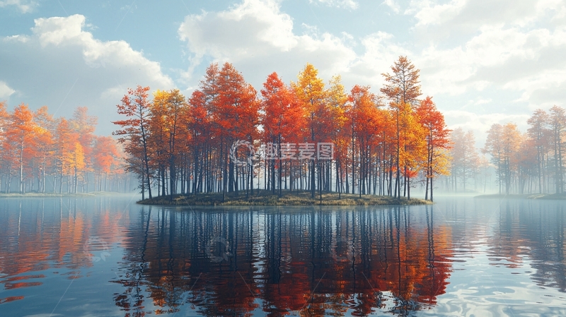 高清大图下载【趣麦麦图】秋日树林湖泊倒影