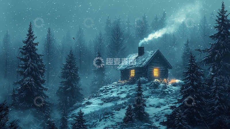 高清大图下载【趣麦麦图】雪夜森林小屋