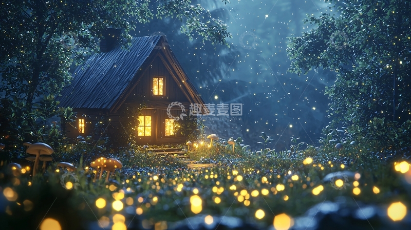 高清大图下载【趣麦麦图】夜晚森林小屋