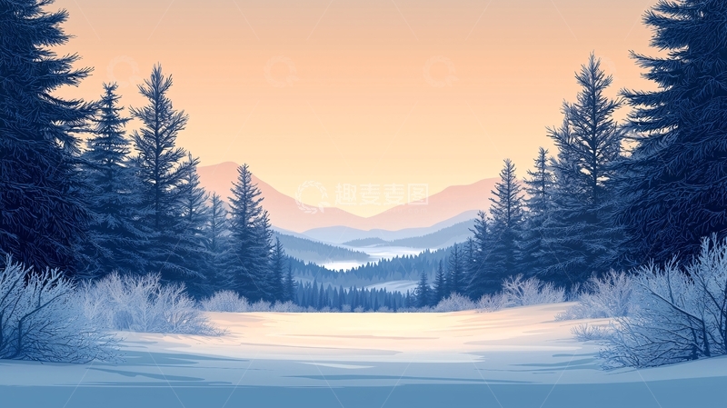 高清大图下载【趣麦麦图】冬日雪景森林山脉日出