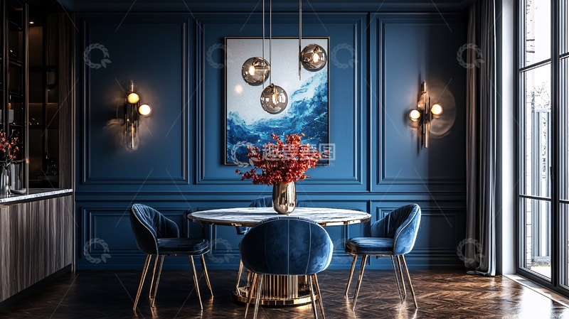 高清大图下载【趣麦麦图】深蓝色墙面现代餐厅