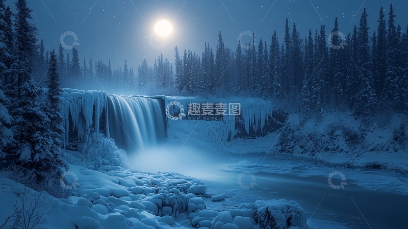 高清大图下载【趣麦麦图】冰雪瀑布月夜美景