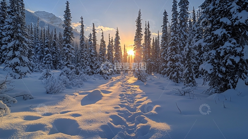 高清大图下载【趣麦麦图】雪地森林日落