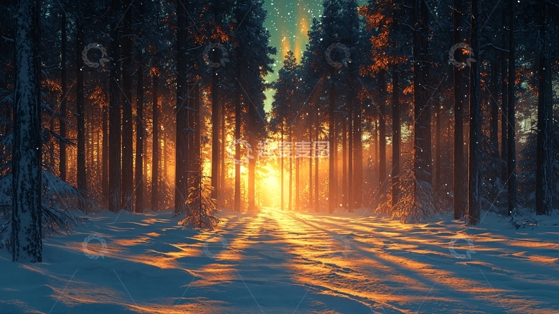 高清大图下载【趣麦麦图】冬日森林日出