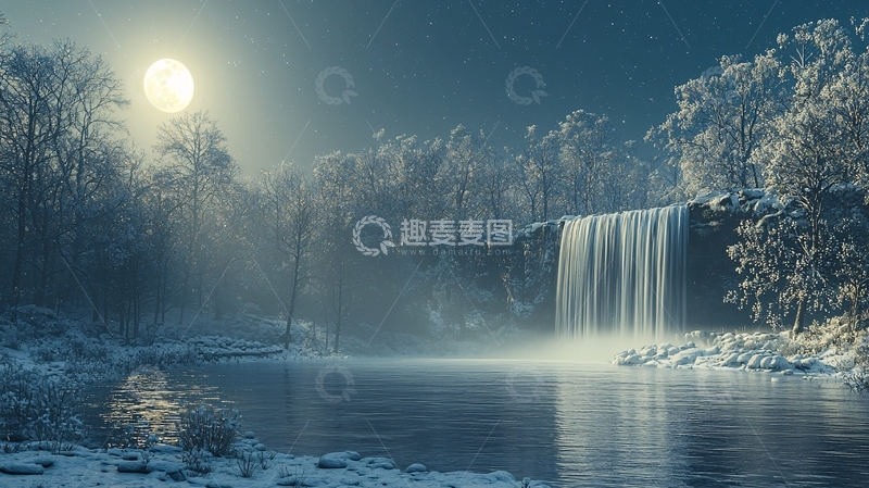 高清大图下载【趣麦麦图】冬夜瀑布月光景色
