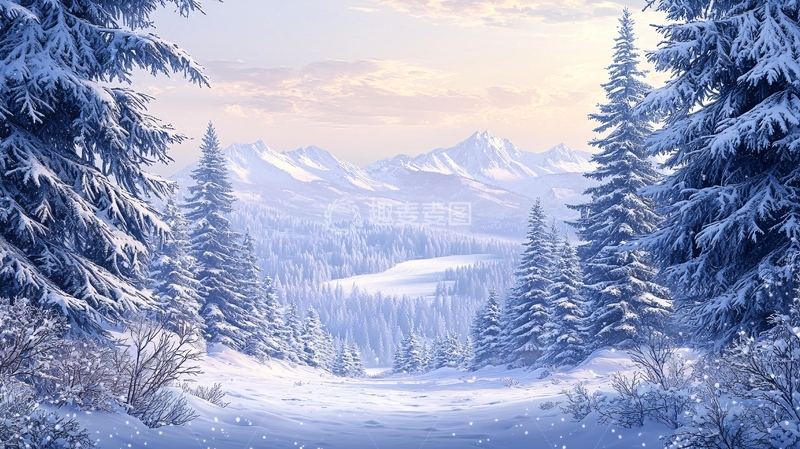 高清大图下载【趣麦麦图】雪山松林冬季风景