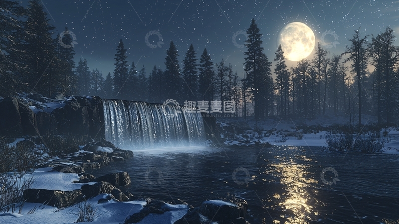 高清大图下载【趣麦麦图】冬夜瀑布雪景