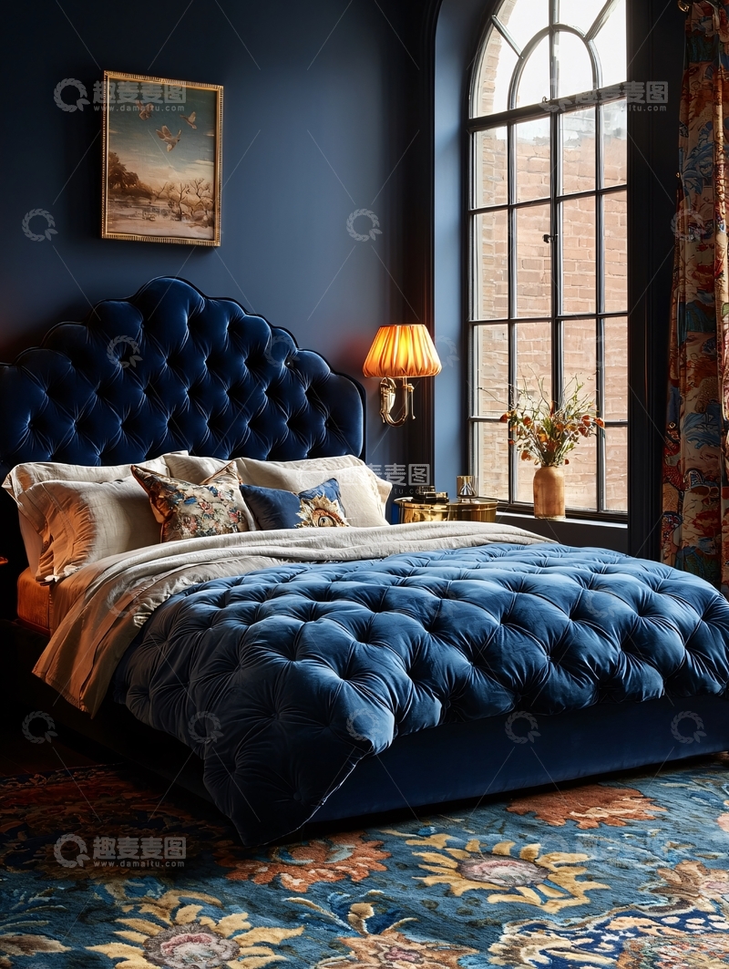 高清大图下载【趣麦麦图】深蓝色绒面床