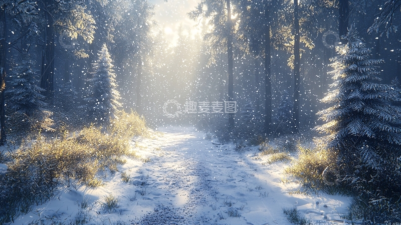 高清大图下载【趣麦麦图】冬日森林小路阳光洒落