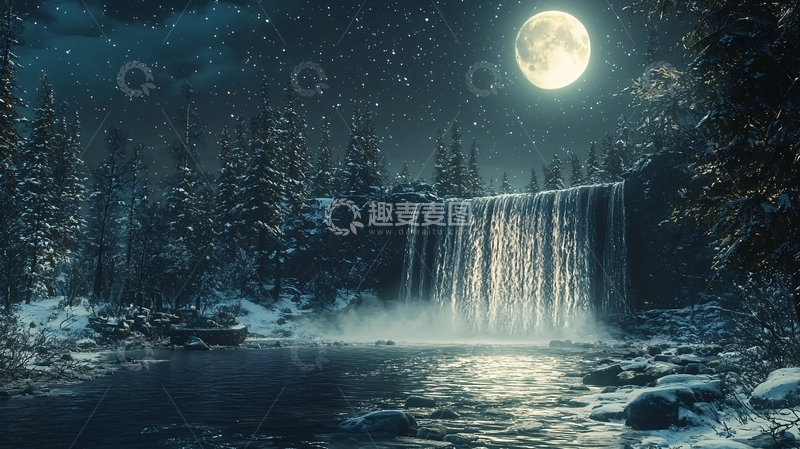 高清大图下载【趣麦麦图】冬夜瀑布
