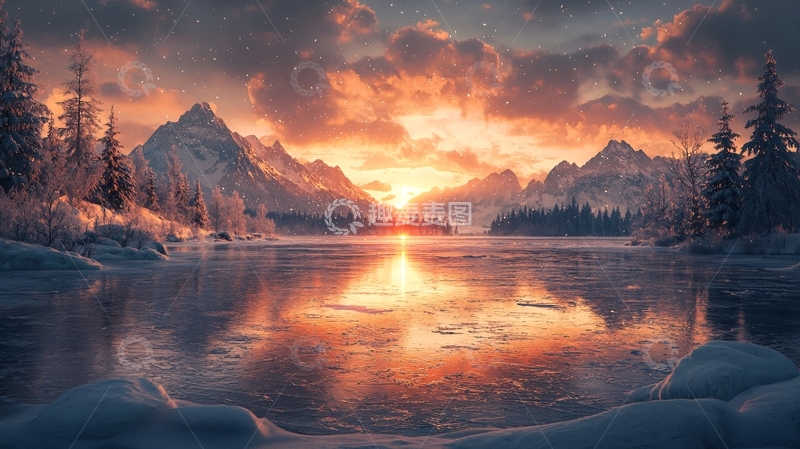 高清大图下载【趣麦麦图】雪山日落湖泊倒影