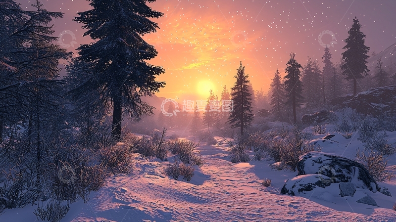 高清大图下载【趣麦麦图】雪景日落