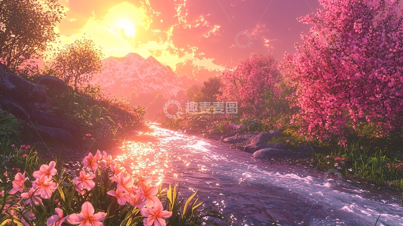 高清大图下载【趣麦麦图】梦幻般粉色花海溪流日落