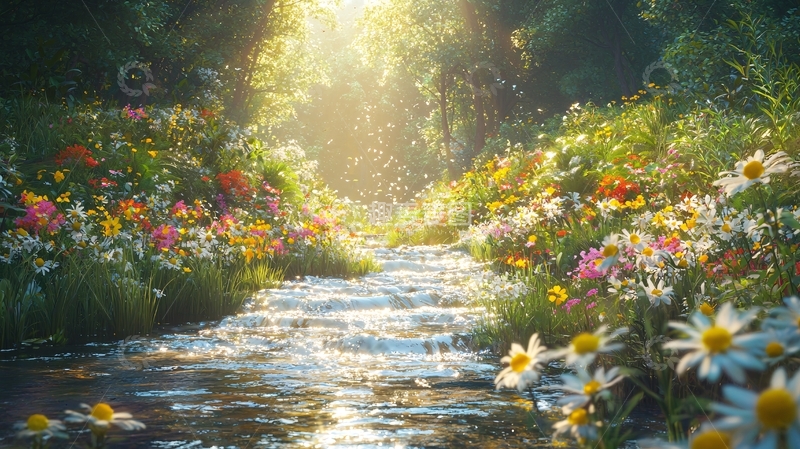 高清大图下载【趣麦麦图】阳光森林小溪鲜花