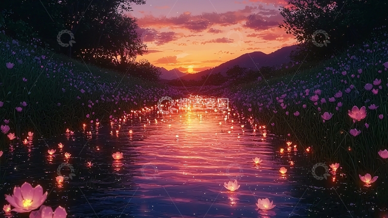 高清大图下载【趣麦麦图】唯美日落河道花海